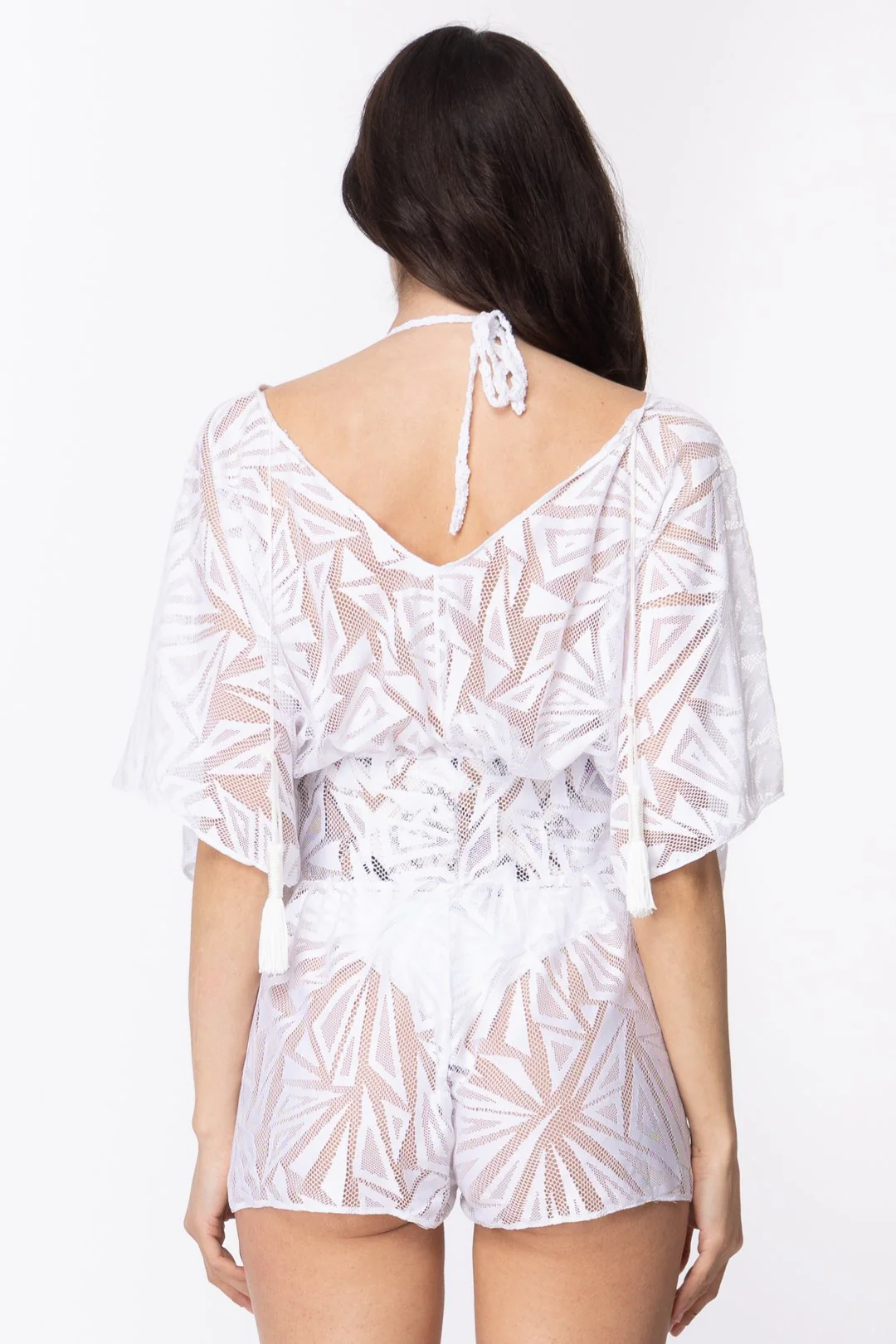 Copricostume Tuta Corta Jumpsuit Doppio Scollo a V Maniche Ampie Traforata Disegni Geom - Image 3