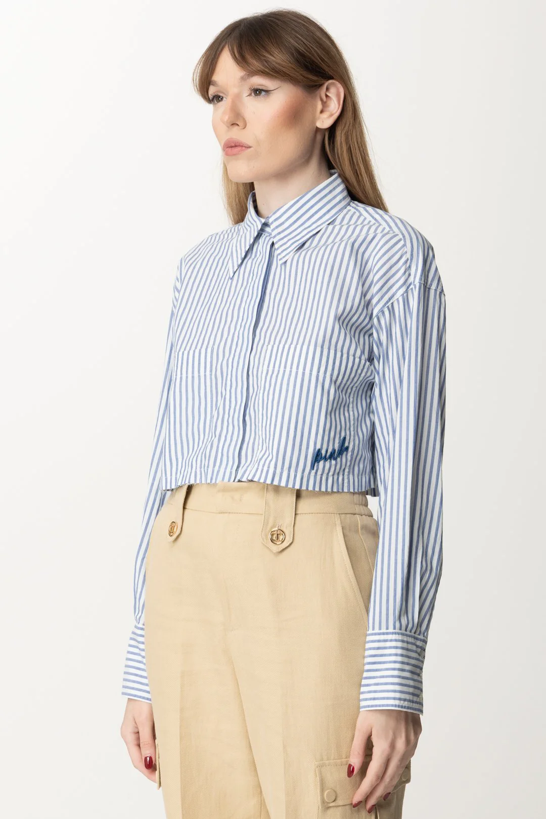 Camicia Crop a Righe con Ricamo Logo - Image 3